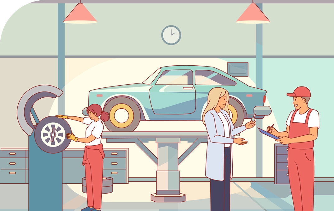 A couple of women are working on cars