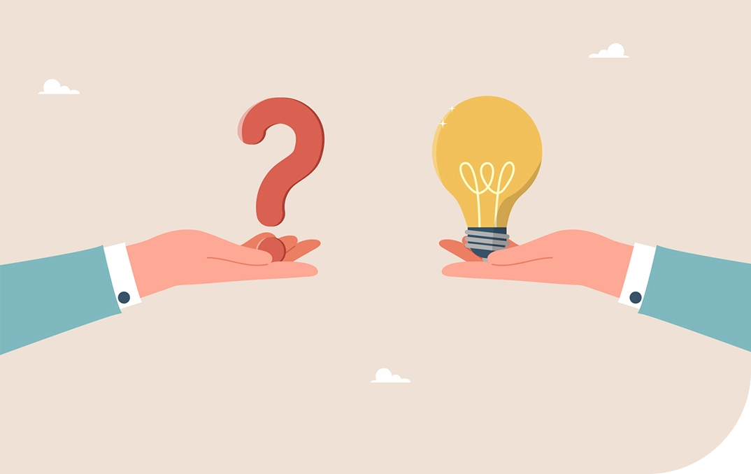 Two hands holding a question mark and light bulb.