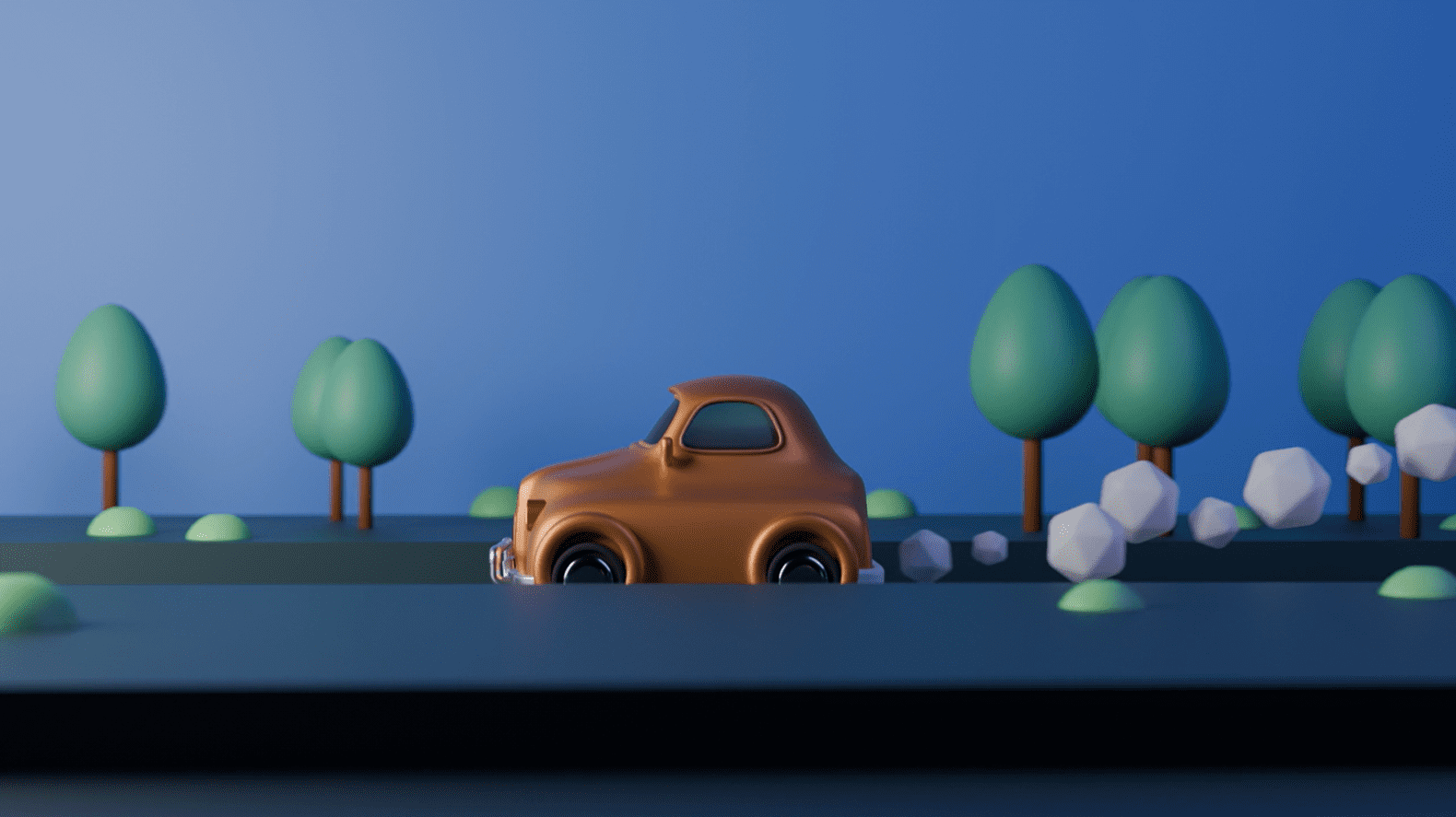 Cartoon car driving through stylized landscape.